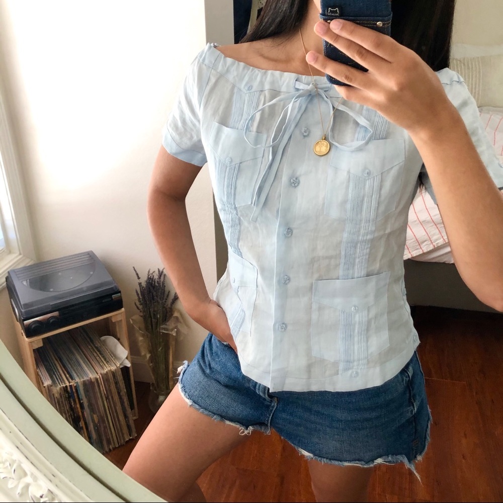 Baby Blue Off the Shoulder Linen Top